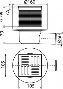 Sifon pardoseală APV31 iesire laterala 105×105/50 mm, retinere mirosuri, gratar inox, alca - Img 2