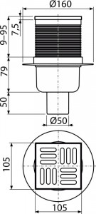 Sifon pardoseală ieşire verticală 105×105/50 mm, grătar oţel, APV2 - Img 2