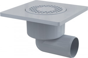 Sifon pardoseală 150×150/50 mm ieşire laterală, grătar de plastic gri, sistem de reţinere a mirosurilor umed