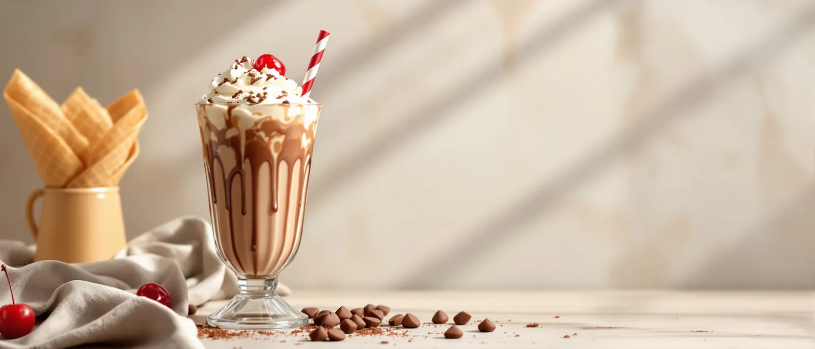Tall chocolate milkshake topped with whipped cream and a cherry, in a fluted diner glass with a striped straw