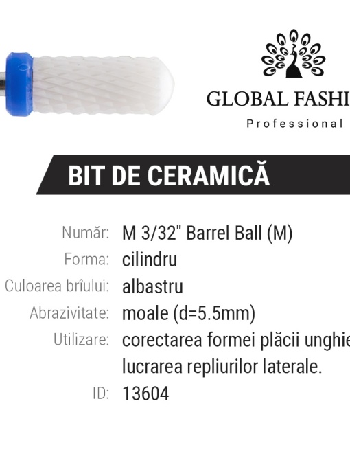 Capat pentru freza electrica, bit ceramic, forma cilindru rotunjit, albastru, mediu, M 3/32 Barrel Ball (M)