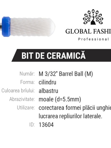 Capat pentru freza electrica, bit ceramic, forma cilindru rotunjit, albastru, mediu, M 3/32 Barrel Ball (M) - Img 1