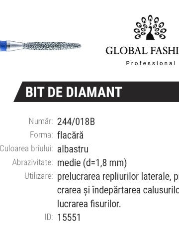 Bit cuticula diamant, albastru, flacara 244-018B, 1,8 mm - Img 1