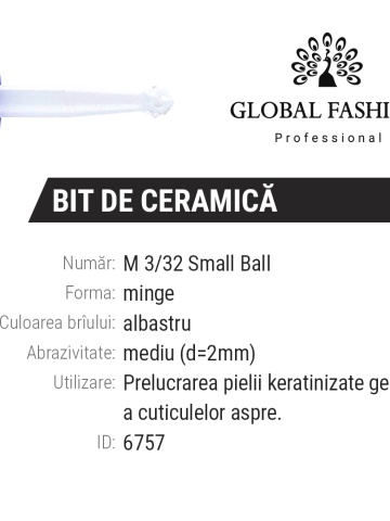 Bit ceramica, cuticula, albastru, M 3/32 Small Ball (M) - Img 1