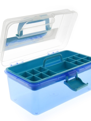 Geanta pentru depozitare produse cosmetice, compartimentata, plastic, maner, albastra - Img 4