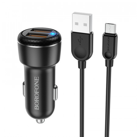 Incarcator Auto Borofone BZ17 Core - 2xUSB - QC 3.0 18W with USB to Micro USB Cablu Negru