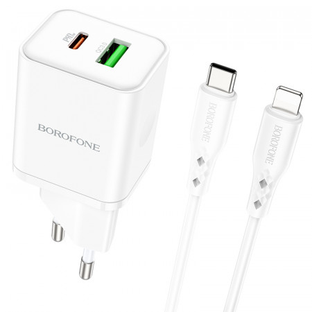Incarcator Priza Borofone BN7 - USB + Type C - QC 3.0 PD 20W with Type C to Lightning Cablu white