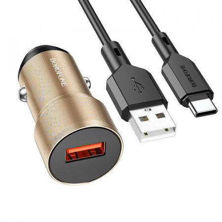 Borofone Incarcator Auto BZ19A Wisdom - USB - QC 3.0 18W with USB to Type C Cablu gold
