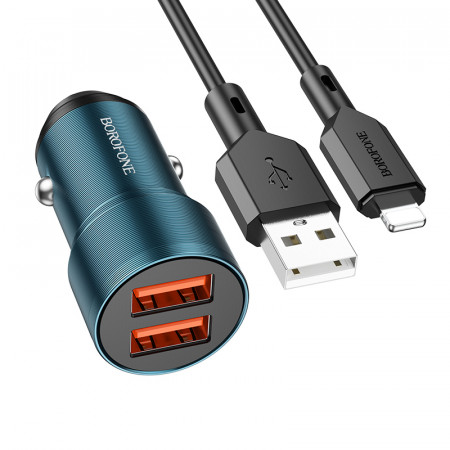 Incarcator Auto Borofone BZ19 Wisdom - 2xUSB - 12W with USB to Lightning Cablu Albastru