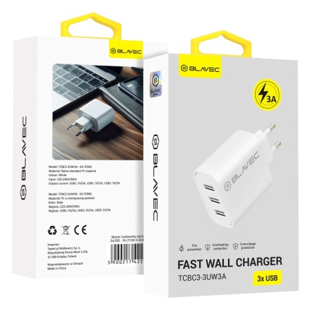 Incarcator BC3 MAINS CHARGER - 3XUSB - 3A (TCBC3-3UW3A) Alb