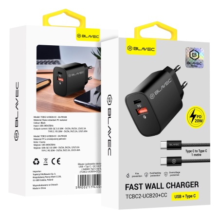 Blavec Wall charger BC2 - USB + Type C - QC 3.0 PD 20W with Type C to Type C cable (TCBC2-UCB20+CC) black