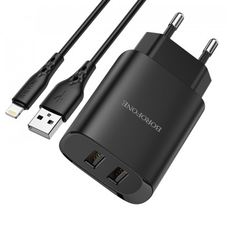 Borofone Incarcator priza BN2 Super - 2xUSB - 2,1A with USB to Lightning black