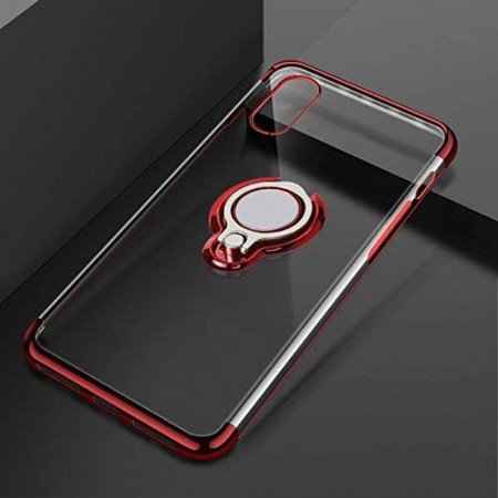 Husa iPhone XR din Silicon transparenta cu Inel Rotativ si Margini Rosii