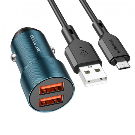 Incarcator Auto Borofone BZ19 Wisdom - 2xUSB - 12W with USB to Micro USB Cablu Albastru