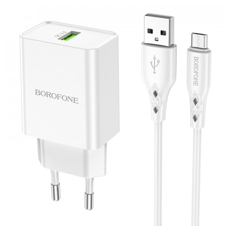 Incarcator Priza Borofone BN5 Sunlight - USB - QC 3.0 18W with USB to Micro USB Cablu white