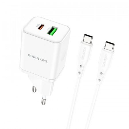 Incarcator Priza Borofone BN7 - USB + Type C - QC 3.0 PD 20W with Type C to Type C Cablu white