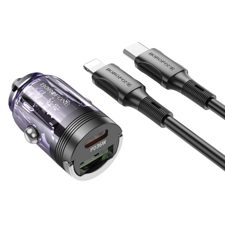 Borofone Car charger BZ29A Talented - USB + Type C - QC 3.0 PD 36W 3A with Type C to Lightning transparent-purple