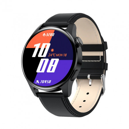 Ceas Smartwatch pentru Huawei Magphone® SM-I29-V1, 1.28 inch Ecran Hd, Rotund, Aplicatii Facebook, Whatsapp, Tiktok, Puls, Tensiune, Notificari, Piele, Negru