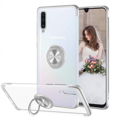 Husa Samsung Galaxy A50 | A50s | A30s din Silicon Transparenta cu Inel Rotativ si Margini Argintii