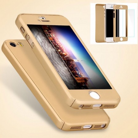 Husa iPhone 5 si 5S SE Gold 360° Matte Premium Ultra Slim cu Folie de Sticla