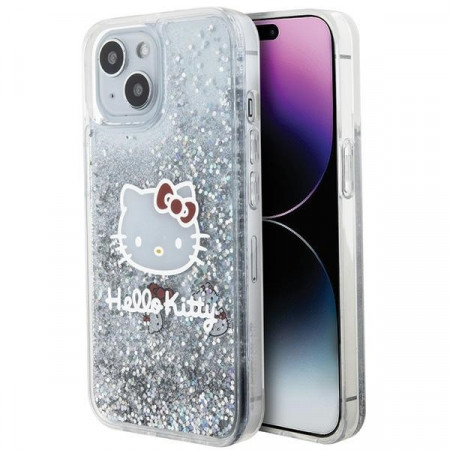 Husa Originala HELLO KITTY Liquid Glitter Charms Kitty Head HKHCP15SLIKHET pentru Iphone 15 silver