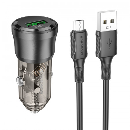 Incarcator Auto Borofone BZ23 Noble - USB - QC 3.0 PD 18W with USB to Micro USB black