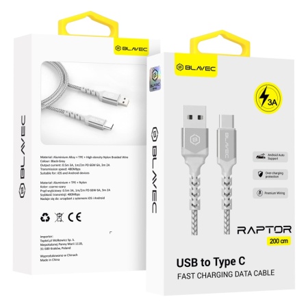 Blavec Cable Raptor braided - USB to Type C - 3A 2 metres (CRA-UC3WS20) white-silver