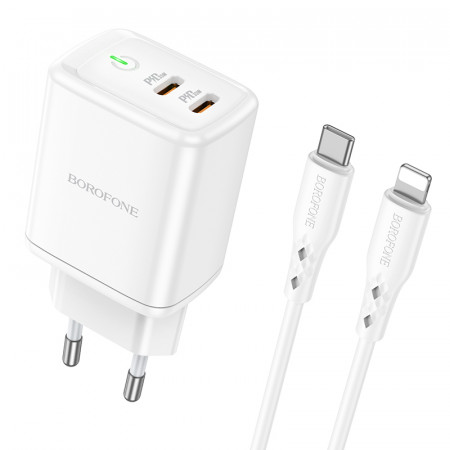 Incarcator Priza Borofone BN9 Reacher - 2xType C - QC 3.0 PD 35W with Type C to Lightning Cablu white