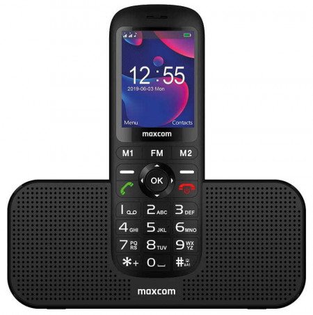 Mobile Phone GSM MAXCOM MM 740 BLACK + Deskop Charger with Bluetooth Speaker & Radio FM