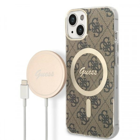 Original Induction Charger GUESS Magsafe + 4G Print case GUBPP14MH4EACSW for Iphone 14 Plus brown