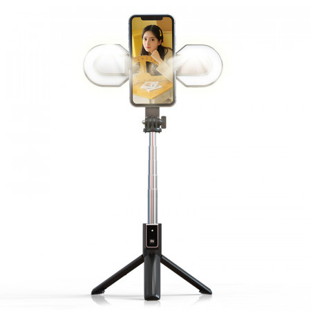 Selfie Stick MINI - with detachable Albastrutooth remote control, tripod and 2 LED lights - P40S-M Negru