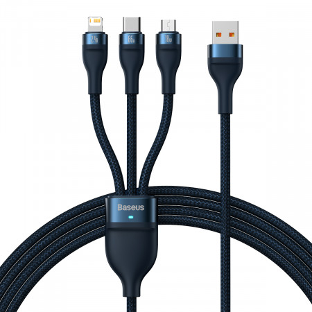 Baseus Cablu Flash Series II 3 in 1 - USB to Type C, Lightning, Micro USB - 66W 6A 1,2 metres (CASS040003) Albastru