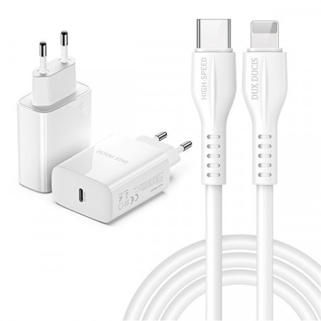 Incarcator Priza Dux Ducis C60 - Type C - PD QC 3.0 20W 3A with Type C to Lightning Cablu white
