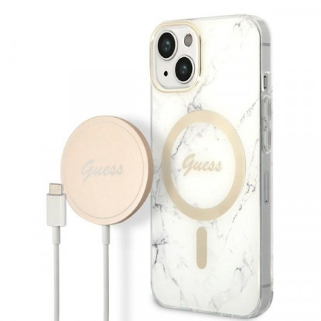 Original Induction Charger GUESS Magsafe + Marble case GUBPP14MHMEACSH for Iphone 14 Plus white