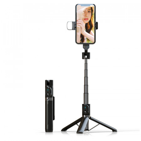 Selfie Stick - with detachable Albastrutooth remote control, tripod and LED light - P90D Negru