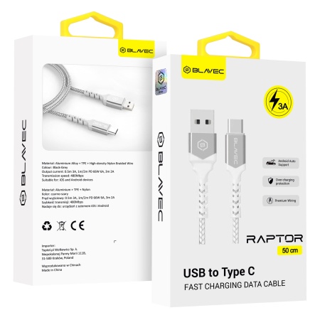 Blavec Cable Raptor braided - USB to Type C - 3A 0,5 meters (CRA-UC3WS05) white-silver