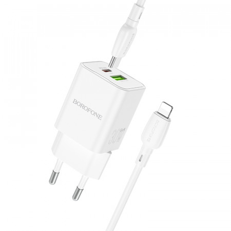 Borofone Wall charger BN14 Royal GaN - USB + Type C - QC 3.0 PD 30W with Type C to Lightning cable white