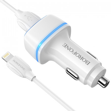 Incarcator Auto Borofone BZ14 Max - 2xUSB - 2,4A with USB to Lightning Cablu white