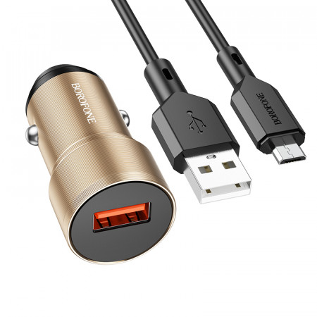 Incarcator Auto Borofone BZ19A Wisdom - USB - QC 3.0 18W with USB to Micro USB Cablu Auriu
