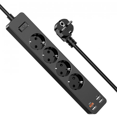 KAKU Power strip KSC-717 Zhengya - 4 outlets 230V + 3xUSB + Type C - Negru