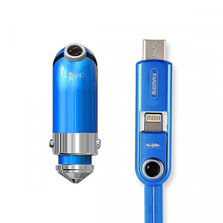 REMAX Incarcator auto Cutie RCC-211 - USB - 2,1A cu 3 in 1 cablu Micro USB, Lightning, Tip C Albastru