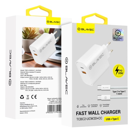 Blavec Wall charger BC2 - USB + Type C - QC 3.0 PD 20W with Type C to Type C cable (TCBC2-UCW20+CC) white