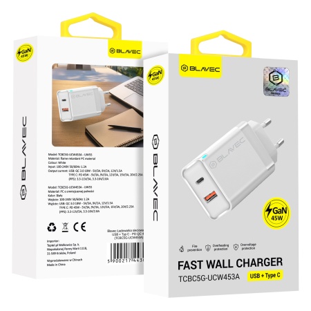 Blavec Wall charger BC5 GaN - USB + Type C - PD QC 45W 3A (TCBC5G-UCW453A) white