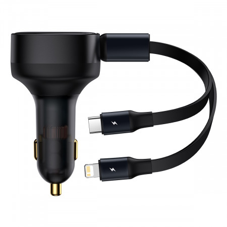 Baseus Car Charger Enjoyment Retractable 2 in 1 - Type C + Lightning - 30W (CGTX000001) Negru