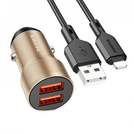 Borofone Car charger BZ19 Wisdom - 2xUSB - 12W with USB to Lightning cable gold
