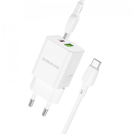 Borofone Wall charger BN14 Royal GaN - USB + Type C - QC 3.0 PD 30W with Type C to Type C cable white