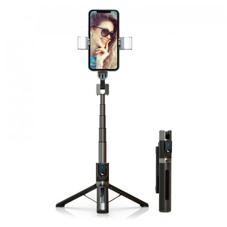 Selfie Stick - with detachable Albastrutooth remote control, tripod and 2 LED lights - P96D-2 Negru