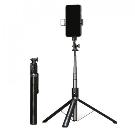 Selfie Stick - with detachable Albastrutooth remote control, tripod and LED light - P100D Negru
