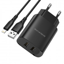 Borofone Incarcator priza BN2 Super - 2xUSB - 2,1A with USB to Lightning black