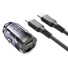 Borofone Car charger BZ29A Talented - USB + Type C - QC 3.0 PD 36W 3A with Type C to Lightning transparent-purple